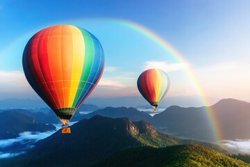Obraz premium Colorful hot air balloons soaring above a stunning green mountain range, surrounded by a vibrant rainbow and soft morning fog