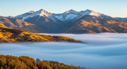 Snow capped mountain range rising above a sea of fog, aspen trees in foreground