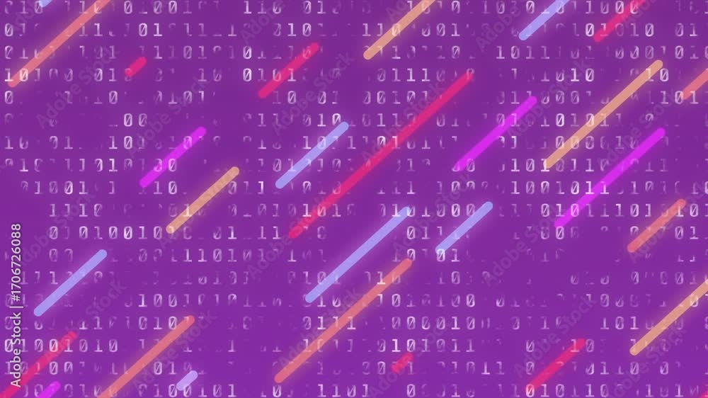 Poster on start, flat design bars drifting diagonally downward over binary backdrop showing streaming data