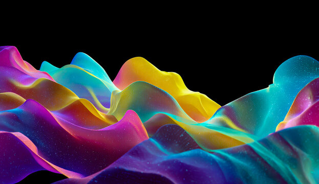 Vibrant abstract flowing landscape with colorful waves and smooth undulating terrain on black background