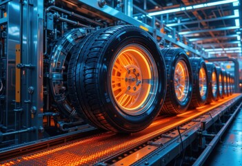 Future Factory  Chrome Tires Glowing   Blue and Orange   Futuristic Machines Building a Brand New Shiny Chrome Tire.