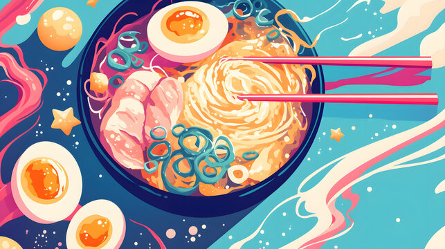 flat vector comic style abstract background with cute mie and noodle with egg