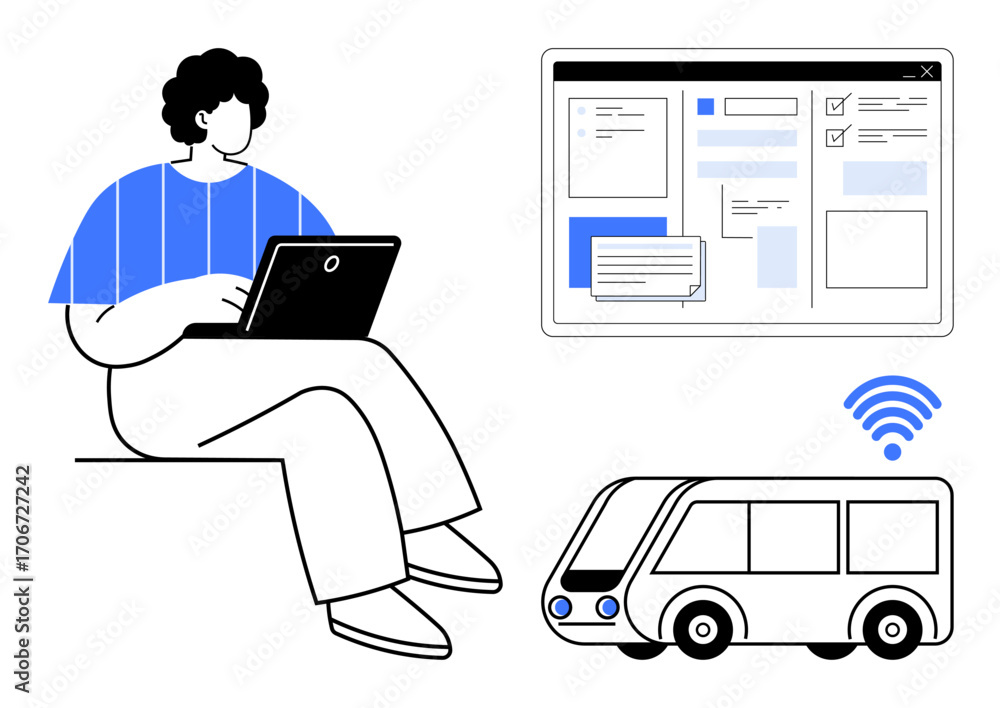 Poster man using laptop, window with digital tools, bus with wireless signal. ideal for remote work, mobili
