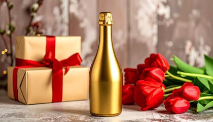 Golden champagne bottle, red tulips, and gifts