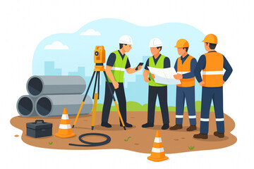 Construction Engineers and Surveyors Discussing Blueprint on Building Site Illustration