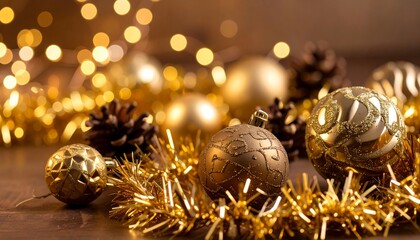 Golden Christmas ornaments and garland on a wooden surface, bokeh lights in the background