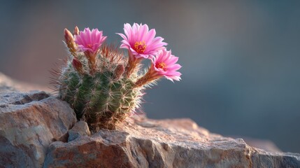 Blooming cactus with pink flowers growing on rocks. Natural landscape Mexican desert background
