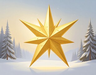 Golden Christmas star in snowy forest