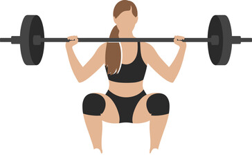 Obraz premium Front view of woman lifting barbell in deep squat position, fitness training vector illustration for gym workout, strength, muscle gain and healthy lifestyle.