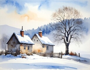Watercolor painting of two snow-covered houses in a winter landscape