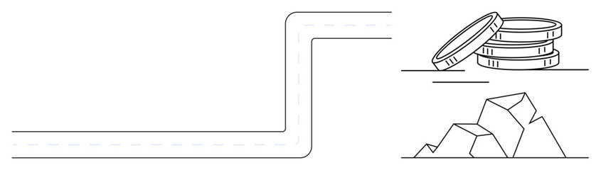 Curved path pointing to stacked coins and shining gems symbolizing financial goals, progress, and success. Ideal for business, finance, investment, wealth, economics, goal-setting and strategy
