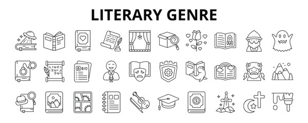 30 Literary Genre Line Icons Vector - Drama, Mystery, Romance, Horror, Comedy, Mythology, Comic, Religion
