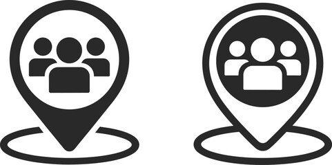 Group location pin icon illustration, community people marker symbol, team position vector, social connection map pointer, networking place and crowd gathering design
