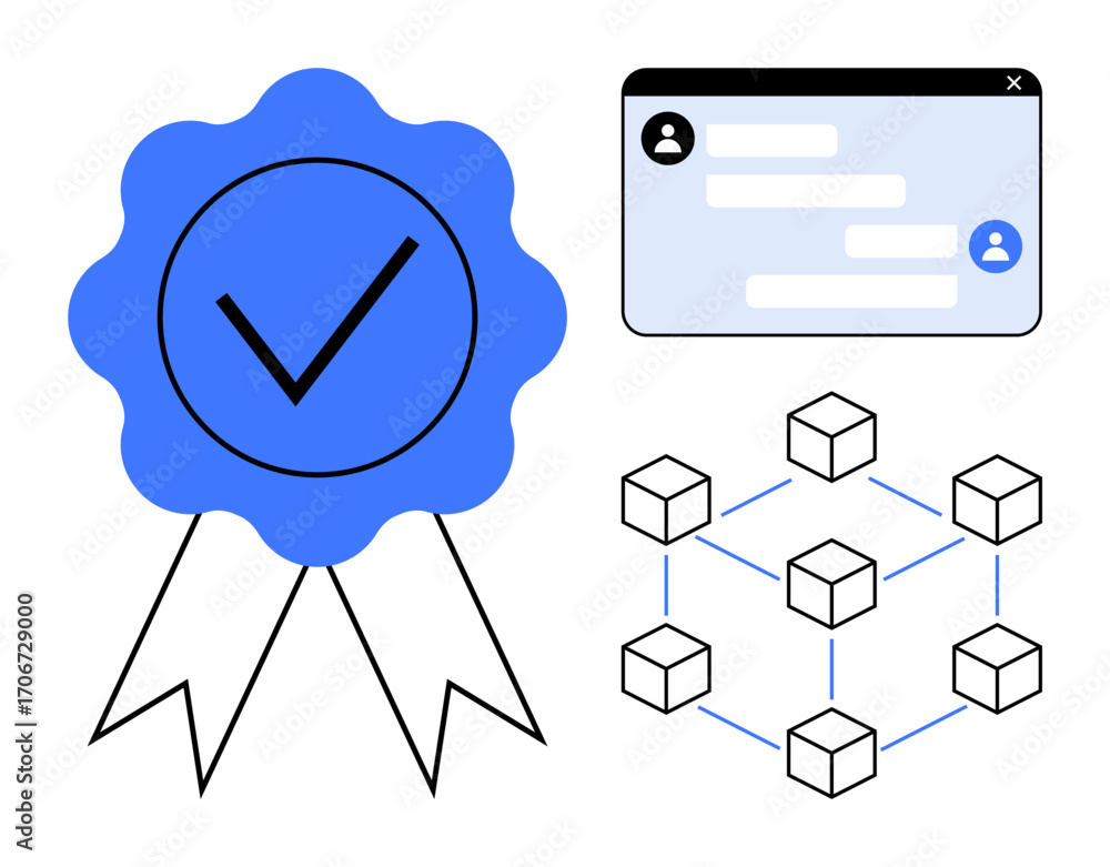 Poster blue certification badge, chat window with profile elements, cube network showing blockchain concept