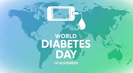 World diabetes day illustration with glucose meter and world map on gradient background