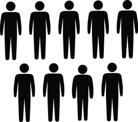 Group of ten people silhouette illustration, teamwork collaboration concept, community gathering symbol, business workforce management icon, professional organization unity vector design