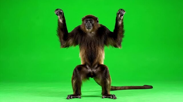 A crazy monkey stands with arms raised in a fun, energetic pose against a vibrant green background.