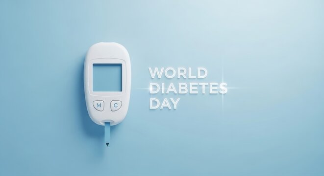 A glucometer and world diabetes day text on a light blue background in a studio shot view