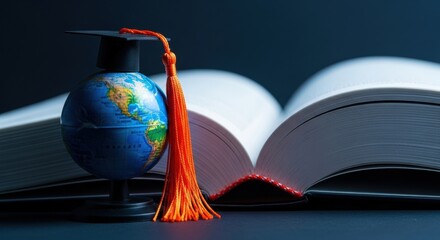 A globe with a graduation cap and tassel next to an open book on a dark blue surface and background