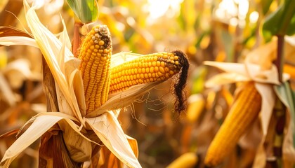 Golden corn cobs in a field