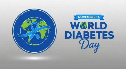 World diabetes day graphic with globe ribbon and text for november fourteenth awareness campaign