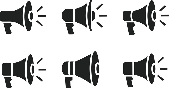 Megaphone loudspeaker icon set illustration, announcement symbol, communication tool, marketing promotion vector, sound amplifier design, public speech and advertising notification element