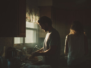 Couple cooking in warm light