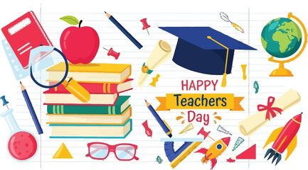 Celebrate educators with vibrant school supplies, globes, books, and diplomas for Happy Teacher's Day