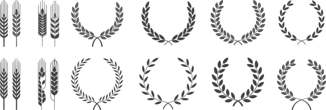 Set of black wheat ears and laurel wreath vector icons, agricultural crop design elements, award symbols, retro vintage emblem collection illustration, isolated