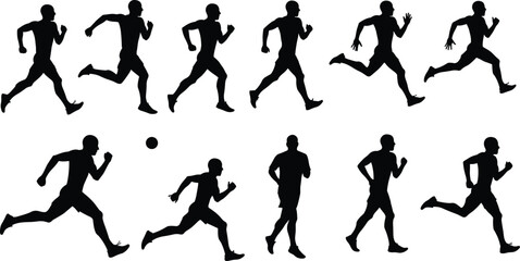 Running male silhouettes in motion. Jogging, sprinting, exercising figures for fitness, sports training, track athlete vector illustrations, marathon clipart, runners icons.