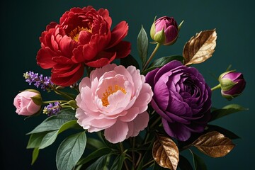 Fototapeta premium Realistic still life of large layered peonies (crimson, blush, deep purple) and budding roses with glossy leaves and gilded accents against a dark moody background