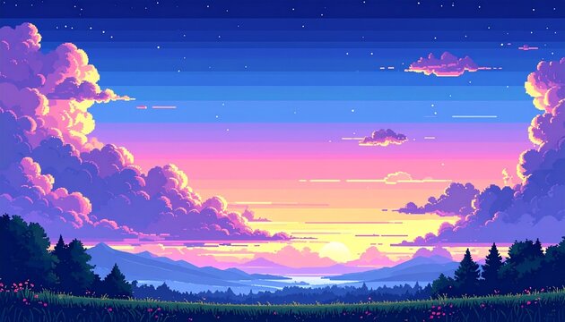pixel background with evening sky and clouds