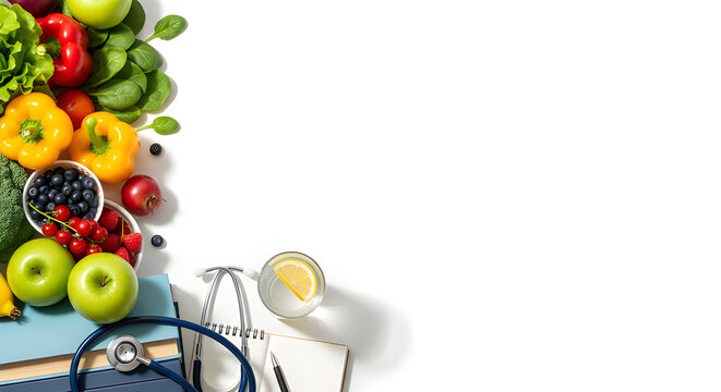 A health-themed image with fruits, vegetables, and a stethoscope, with ample copy space. - Powered by Adobe