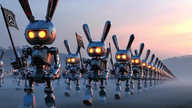 Marching robot bunnies holding peace flags at dawn, a surreal futuristic scene.