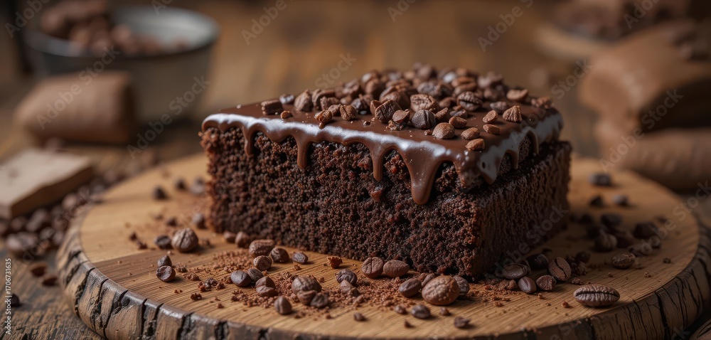 Poster warm chocolate cake with rustic ganache, presented on a weathered wooden board with scattered cocoa 