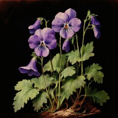 an AI Image Generator, Vivid Purple Pansies in a Decorative Pot Against