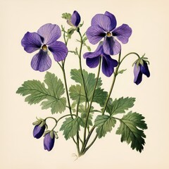 an AI Image Generator, Vivid Purple Pansies in a Decorative Pot Against