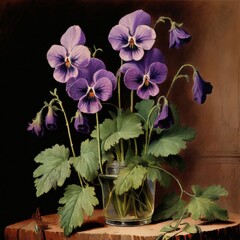 an AI Image Generator, Vivid Purple Pansies in a Decorative Pot Against