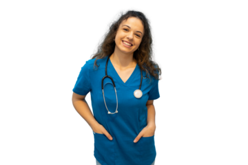 Portrait of a confident young doctor smiling with hands in pockets and stethoscope around neck, on a transparent background