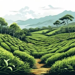 an AI Image Generator, Lush Rolling Tea Plantation Fields with Scenic Mountains and Rustic Shelters