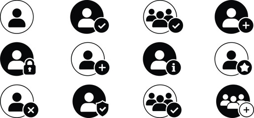User profile icons set with account security, login privacy, add friend, group people, verification, star favorite, shield protection, business management