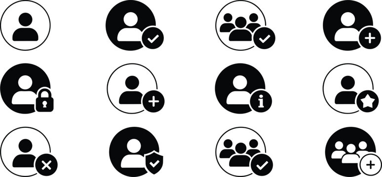 User profile icons set with account security, login privacy, add friend, group people, verification, star favorite, shield protection, business management