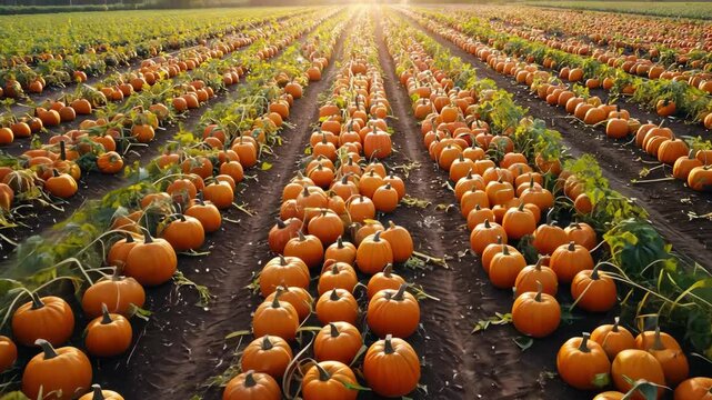 A dynamic, drone shot flying low over rows of colorful pumpkins in a field