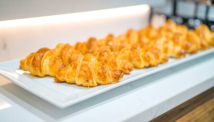 Golden croissants on a white tray
