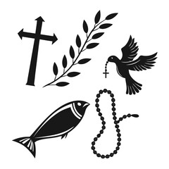 Collection of christian symbols including a cross olive branch dove with cross fish and rosary beads presented as black silhouettes on a white background