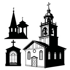 Collection of black silhouettes of various churches and religious buildings featuring steeples bell towers and crosses against a white background
