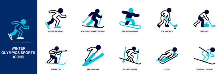 Winter Olympics Sports Blue Colored Outline Icon Set