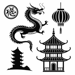 Collection of traditional chinese cultural symbols including a dragon pagodas a lantern and a character for fortune in black silhouette on a white background