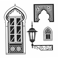 Collection of islamic architectural elements including ornate windows a decorative archway a hanging lantern and a wrought iron railing presented in a black and white silhouette style