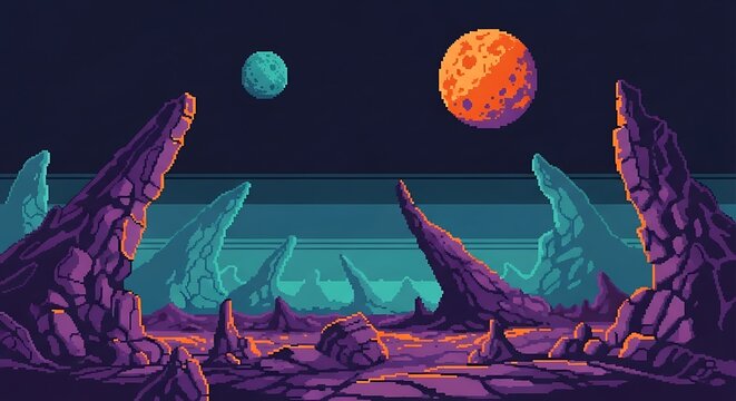 Retro 8-bit pixel art of a mysterious alien planet's surface, featuring sharp purple rock formations under a dark cosmic sky with two distant moons